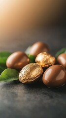 Obraz premium Golden chocolate eggs placed on green leaves create an appealing treat for festive celebrations