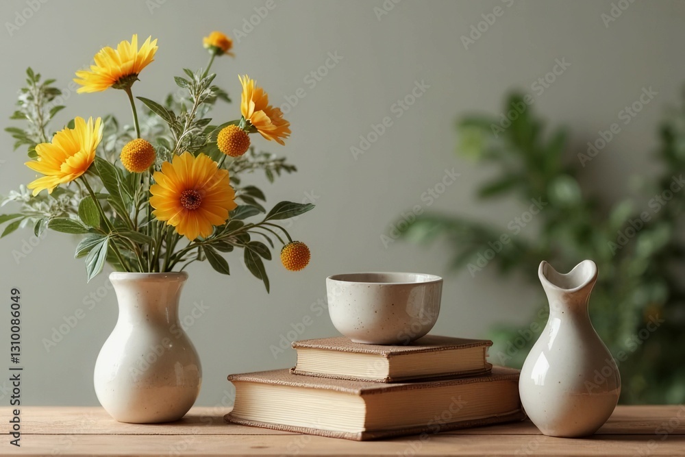 Poster a white vase with a cat figurine sits on a table next to a stack of books. the vase and cat figurine