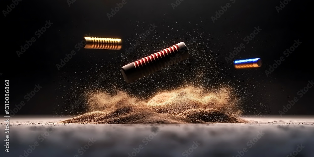 Poster colorful batteries levitating above a mound of sand, creating a dynamic visual effect with shadows