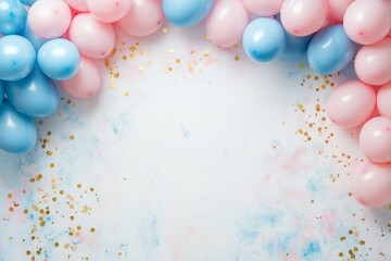 whimsical gender reveal party invitation with pastel pink and blue balloon arch shimmering confetti and delicate brush lettering on a soft watercolor background