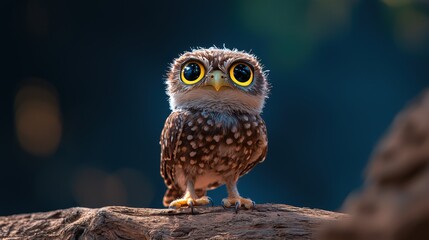 Obraz premium Adorable baby owl with large eyes perched on wood.