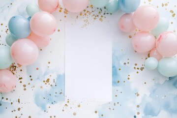 whimsical gender reveal party invitation with pastel pink and blue balloon arch shimmering confetti and delicate brush lettering on a soft watercolor background
