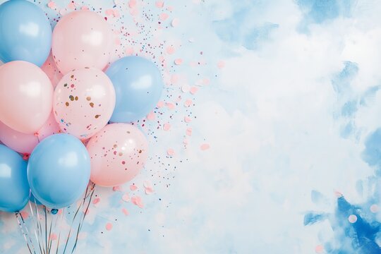 whimsical gender reveal party invitation with pastel pink and blue balloon arch shimmering confetti and delicate brush lettering on a soft watercolor background