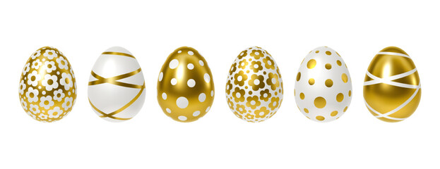 Set of 3D golden Easter eggs with polka dots, stripes, floral patterns, isolated on white. Realistic festive decoration for greeting cards, banners, seasonal holiday design, Easter celebration
