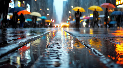 Obraz premium A vibrant rainy cityscape with colorful umbrellas and neon lights