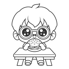 Little boy with glasses eating donut, for coloring
