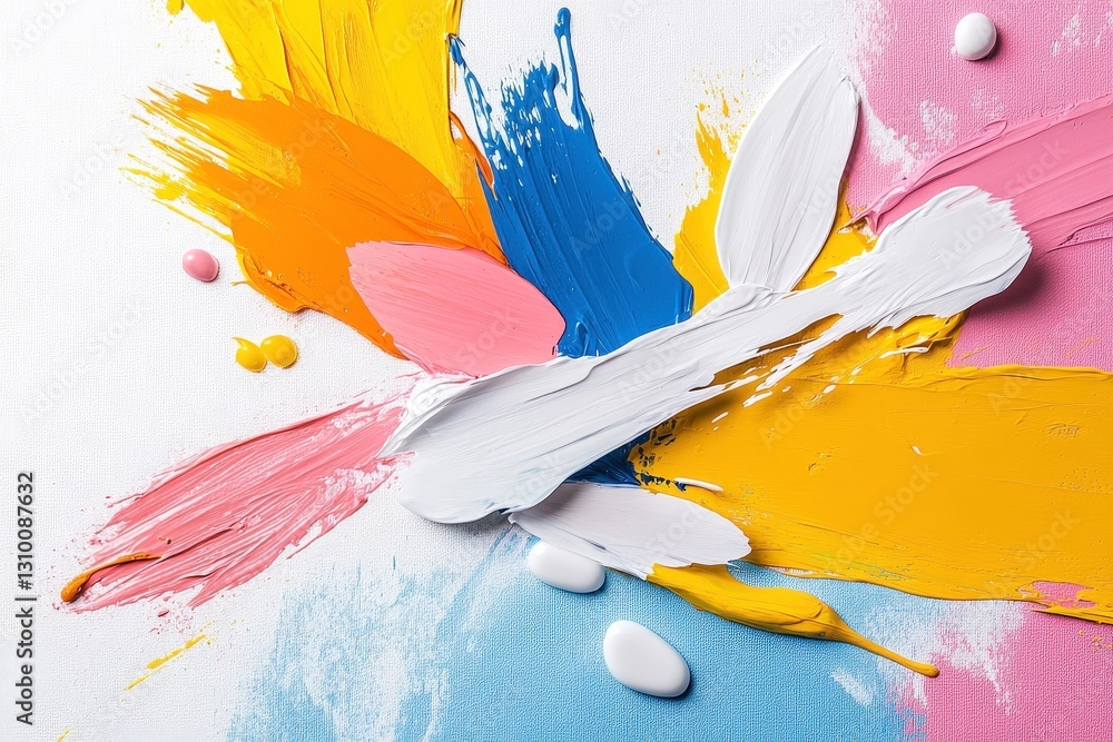 Poster vibrant abstract paint strokes in various colors create dynamic composition. interplay of hues evoke