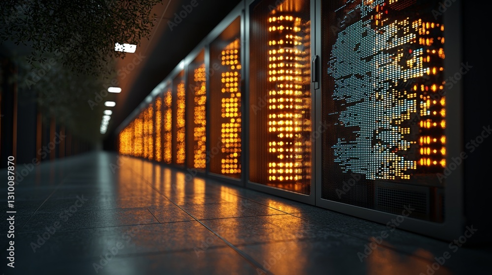 Poster the data technology center features server racks situated in a dark room with vfx, showcasing a deta