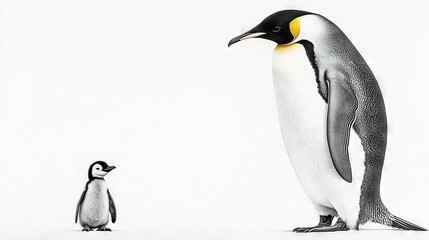 Obraz premium A black and white photo of a penguin standing next to a baby penguin on a white background, with an adult penguin in the foreground