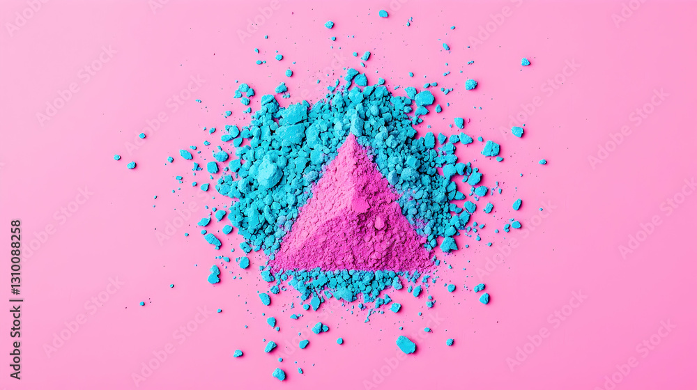 Poster colorful powder composition creating triangular shape on pink background