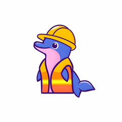 Cartoon Dolphin in Construction Gear with Hard Hat and Vest