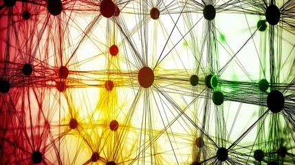 Obraz premium Abstract network graphic, colorful background, interconnected nodes, potential for data visualization or infographic