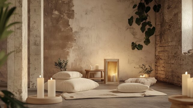 Relaxing interior design with candles and pillows creating a cozy atmosphere