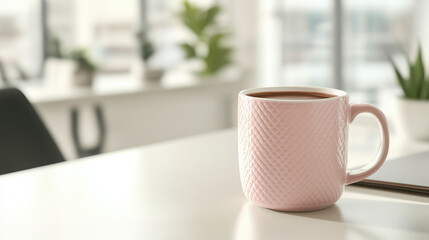 Fototapeta premium Side View of a Mug of Hot Chocolate on an Office Desk, with a Softly Blurred Office Background and Ample Space for Text or Promotional Copy copy space