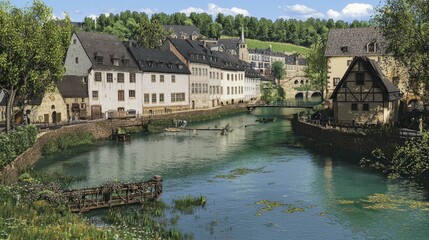 Obraz premium European town, river, quaint buildings, sunny day
