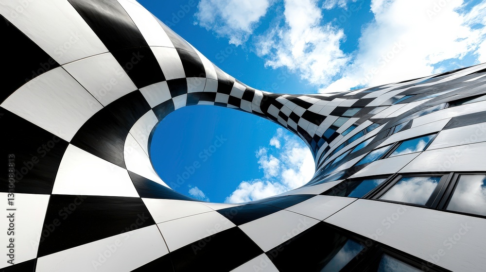 Poster modern building with unique design featuring alternating black and white patterns, creating striking