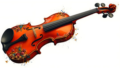 Violin in vector style: vector image of violin with colorful details and ornaments on transparent background.