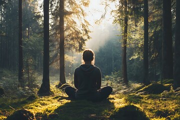 Forest bathing and meditation by person symbolize serene digital detox  
