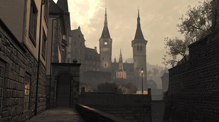 Fototapeta premium Misty morning view of an old European city street leading to a castle