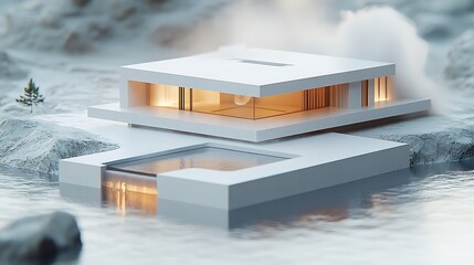 Modern house over water, minimalist design, snowy landscape, relaxing scene