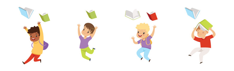 Cute Kids Jumping Throwing Books Up in the Air Vector Set