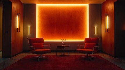 Fototapeta premium Modern interior design, meeting area, illuminated orange wall, two red armchairs