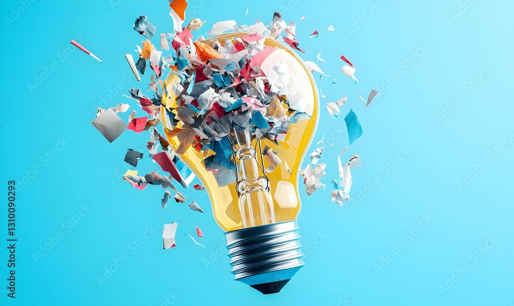Aufkleber colorful paper shards exploding from a light bulb on blue background