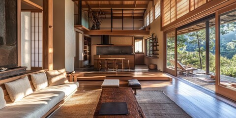 Beautiful open concept living space features natural wooden elements