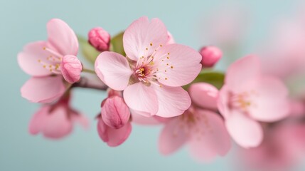 Cherry blossom branch with pink flowers and buds against a soft blue background in springtime