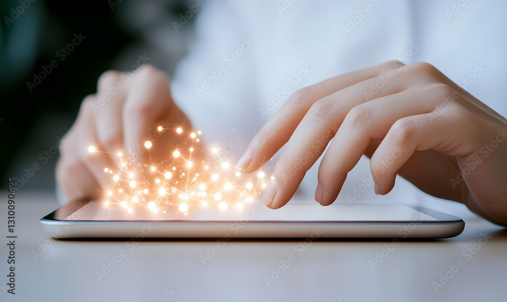 Poster hands interacting with tablet displaying glowing digital icons