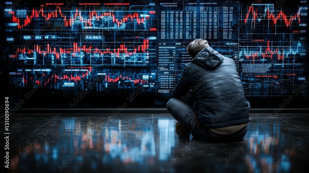 Aufkleber man studying financial graphs on digital screen, focused on data analysis