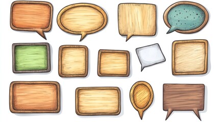 Wooden speech bubbles and text boxes collection.
