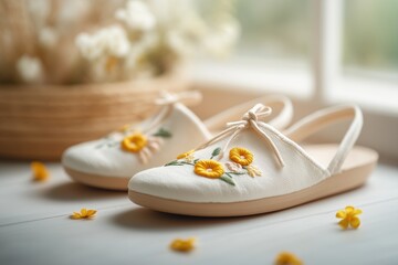 Elegant embroidered shoes displayed on a wooden surface with floral decoration in the background