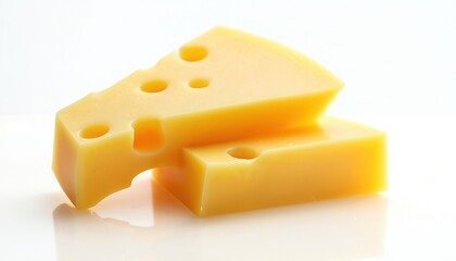 Cheese with holes isolated on transparent background. Dairy product like swiss or emmental. Two yellow chunks of natural milk cheese block. Ingredient for cooking delicious savoury snack.