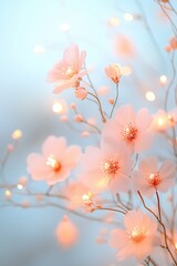 Fototapeta premium Soft pink blossoms illuminated by delicate lights create a serene atmosphere in a tranquil setting
