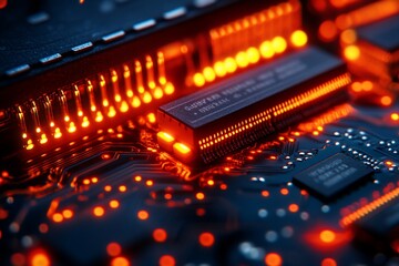 Obraz premium Glowing RAM chip on a circuit board