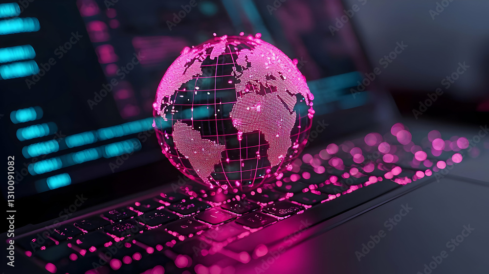 Poster digital world globe with data flow on laptop keyboard background