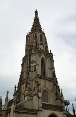 View of the facade of the building of the Protestant church of St. Vincent of Bern, a cathedral in Gothic style, is the tallest cathedral in Switzerland in the old town of Bern, Switzerland.
