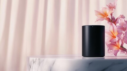 Modern black speaker placed on marble table with pink flower and soft curtain background