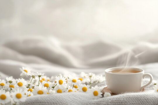 Warm cup of tea rests on a soft blanket surrounded by blooming daisies set in a cozy space