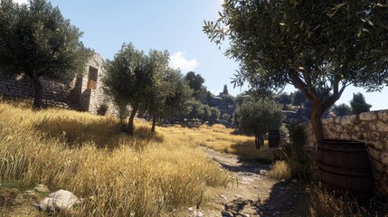 Sunny Mediterranean Field Path, Olive Trees, Ancient Ruins