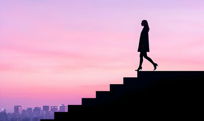 Woman Walking Up Stairs Against City Skyline in Pastel Sunset
