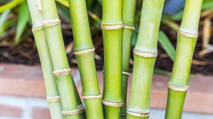 Fototapeta premium Green bamboo stalks cluster outdoors, brown mulch and greenery visible in the background near a brick wall