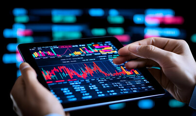 Hands Holding Tablet Displaying Financial Market Data and Charts