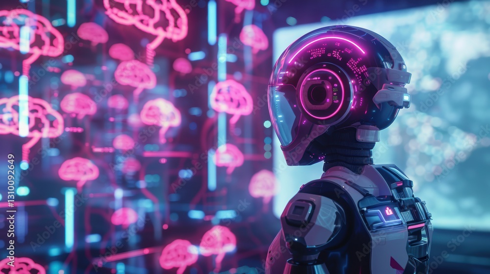Aufkleber futuristic ai robot with glowing thought bubbles in tech innovation advertisement design