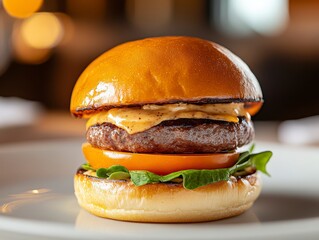 Opulent Art Nouveau Wagyu Beef Burger with Truffle Aioli in Luxurious Restaurant Setting - 3D Illustration