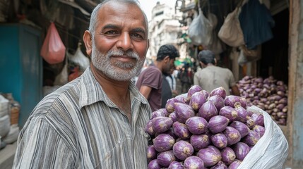 Fototapeta premium Smiling Vendor with Eggplants: Portrait in a Busy Market Setting