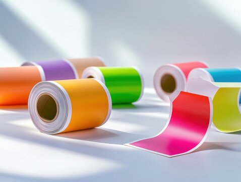 Colorful rolls of adhesive labels on white background