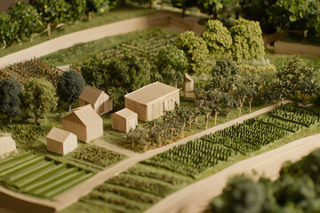 miniature farm ecosystem, microscopic landscape rendering, tilt-shift botanical photo