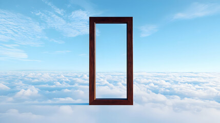 Door Frame Surrounded by Soft Clouds Under Bright Blue Sky
